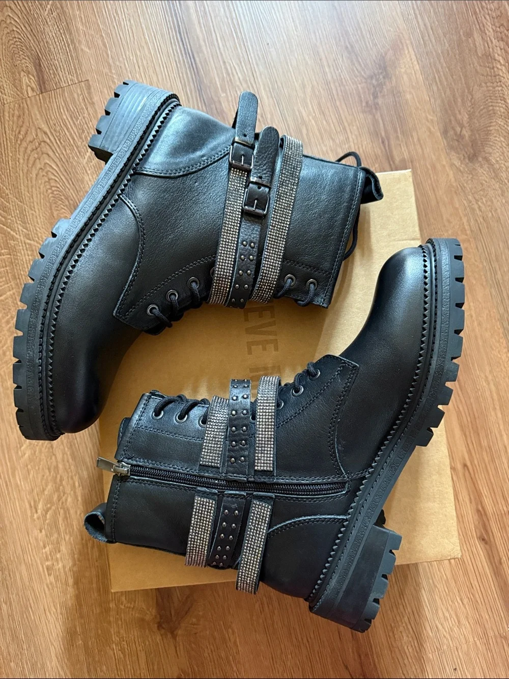 Steve Madden Black Studded Combat Boots - Women’s Stylish Leather Lace-Up
